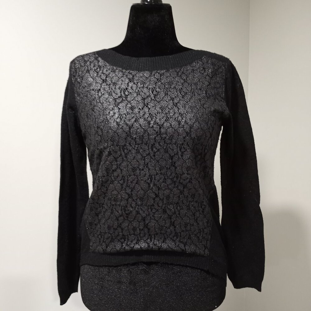 ALBERTO MAKALI BLACK SWEATER WITH FLORAL FRONT PANEL WOMEN SIZE M